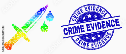 Dotted spectral blood knife mosaic icon and Crime Evidence seal stamp. Blue vector round scratched stamp with Crime Evidence title. Vector combination in flat style.