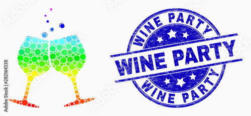 Dot rainbow gradiented alcohol glasses cheers mosaic icon and Wine Party seal. Blue vector round distress watermark with Wine Party message. Vector collage in flat style.