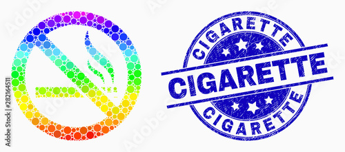 Dotted bright spectral forbidden smoking mosaic icon and Cigarette seal stamp. Blue vector rounded distress stamp with Cigarette title. Vector combination in flat style.