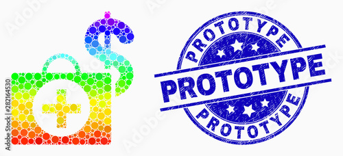 Pixel spectral Financial medical case mosaic pictogram and Prototype seal. Blue vector round textured seal stamp with Prototype phrase. Vector combination in flat style.