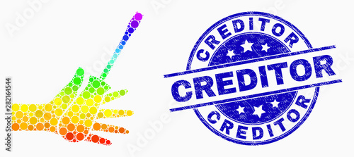 Pixelated spectrum hand with screwdriver mosaic pictogram and Creditor seal. Blue vector rounded scratched seal stamp with Creditor caption. Vector composition in flat style.