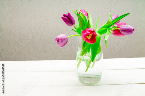 Copy space with beautiful pink and purple tulips with green leaves bouquet in a transparent glass vase on white wooden table on gray background