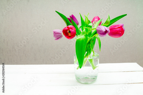 Copy space with beautiful pink and purple tulips with green leaves bouquet in a transparent glass vase on white wooden table on gray background