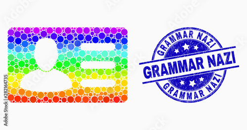 Dot spectrum user account card mosaic pictogram and Grammar Nazi seal stamp. Blue vector rounded textured seal stamp with Grammar Nazi message. Vector combination in flat style.