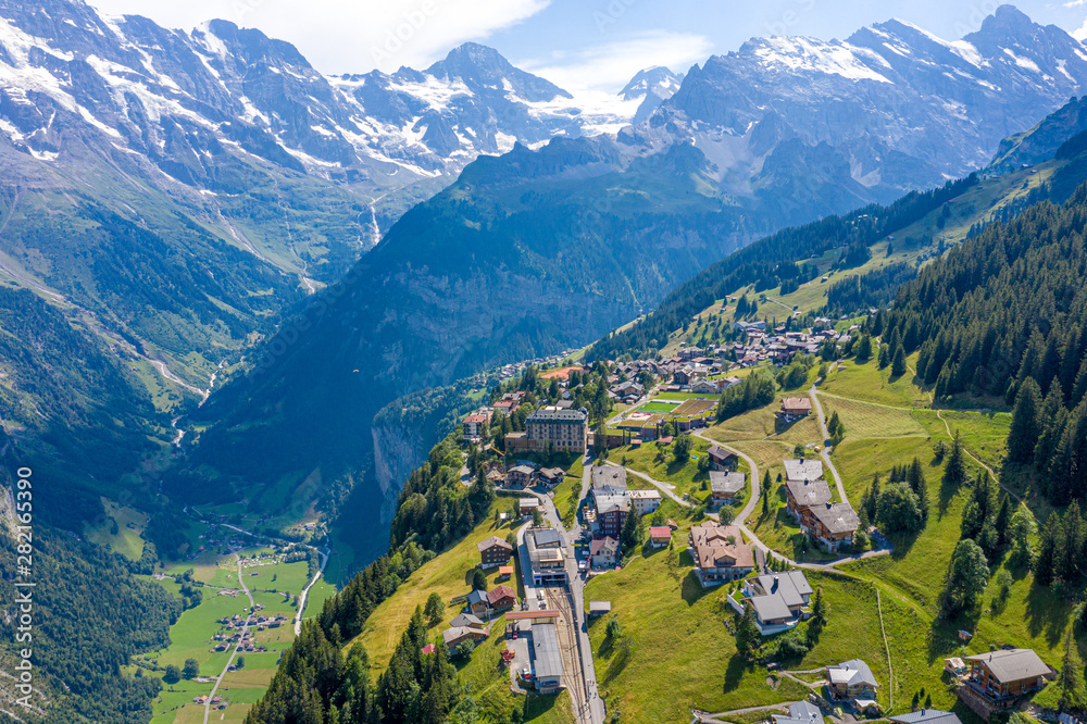 Amazing aerial view over the village of Murren in the Swiss Alps