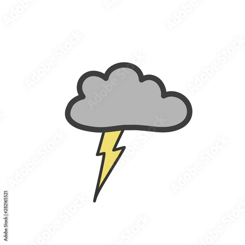 Gray cloud with thunderstorms and lightning. Symbol of the weather. Color illustration of doodle style.