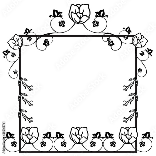 Black silhouette isolated on white backdrop, with graphic art of flower frame blossom. Vector