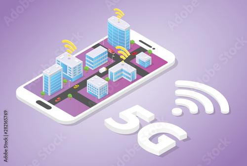 5g network on smart city building technology with wifi signal on top of smartphone with isometric modern style - vector