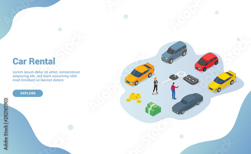 car rental business concept with various cars model and paper contract with team people with modern isometric style for website template or landing homepage - vector