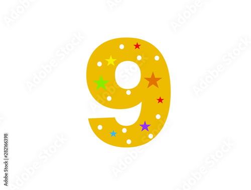 numbers for children. Kids learning material. Card for learning numbers. Number 9. colored numbers in white dots and stars