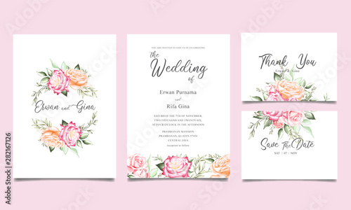 wedding invitation template card design with watercolor floral and leaves