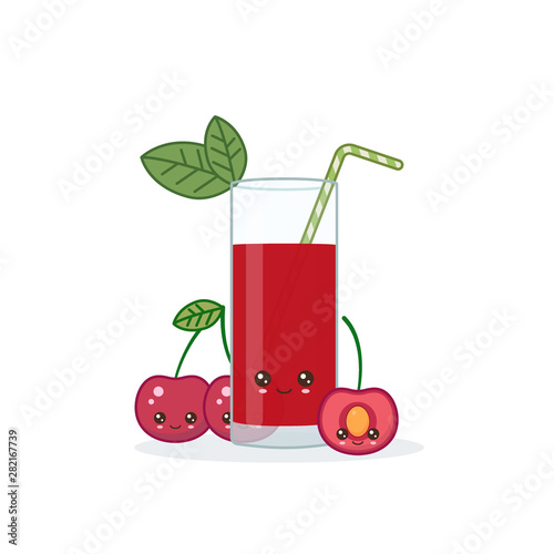 Cute kawai smiling cartoon cherry juice. Vector