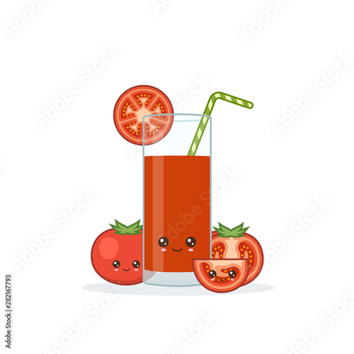 Cute kawai smiling cartoon tomato juice. Vector