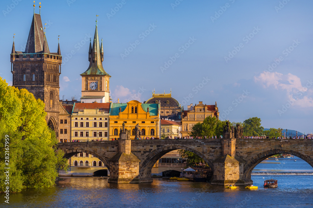 Prague historic cityscape with Charles bridge and medieval architecture