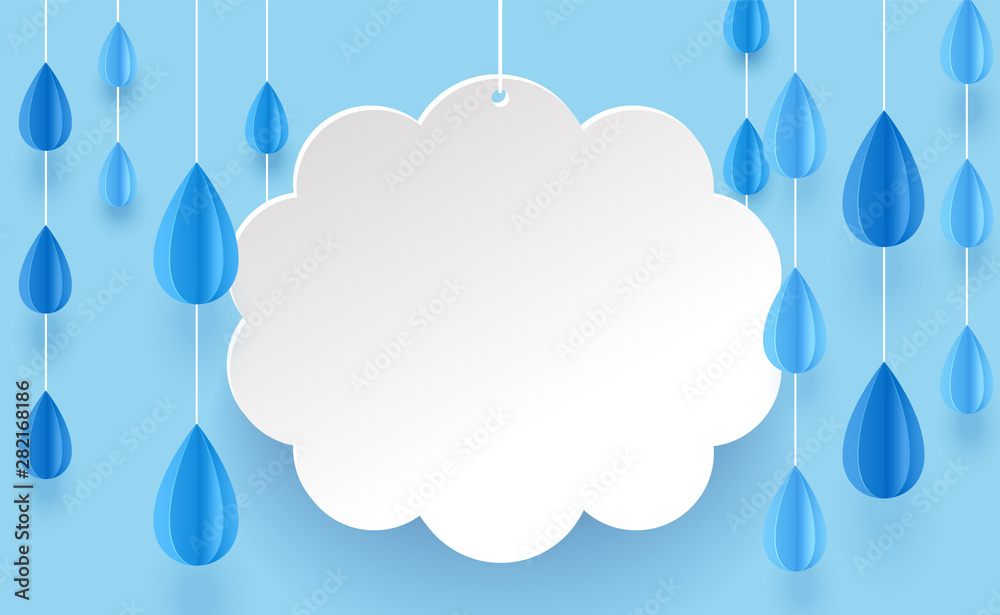 Cloud and rain chandelier in paper art style on a blue background. Cloud and rain chandelier in paper art style on a blue background.