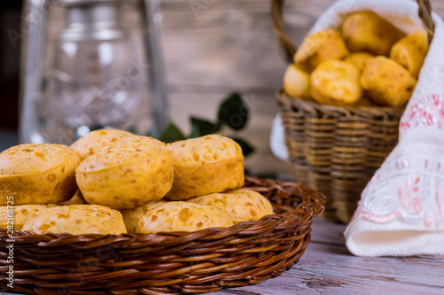 Brazilian cheese bread, chipa in basket.