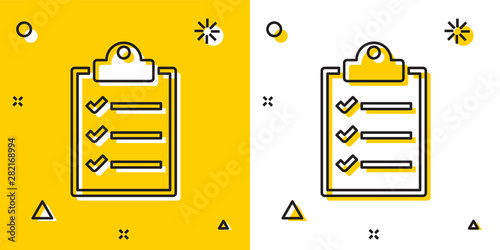 Black Clipboard with checklist icon isolated on yellow and white background. Random dynamic shapes. Vector Illustration