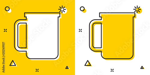 Black Coffee cup flat icon isolated on yellow and white background. Tea cup. Hot drink coffee. Random dynamic shapes. Vector Illustration
