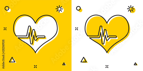 Black Heart rate icon isolated on yellow and white background. Heartbeat sign. Heart pulse icon. Cardiogram icon. Random dynamic shapes. Vector Illustration