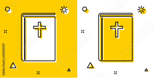 Black Holy bible book icon isolated on yellow and white background. Random dynamic shapes. Vector Illustration