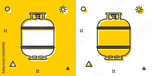 Black Propane gas tank icon isolated on yellow and white background. Flammable gas tank icon. Random dynamic shapes. Vector Illustration