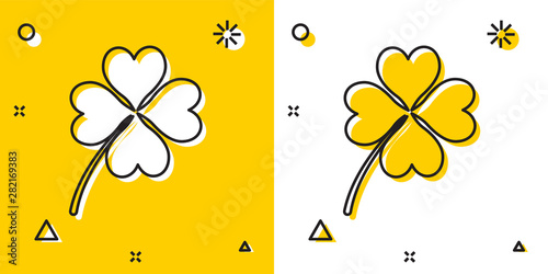 Black Four leaf clover icon isolated on yellow and white background. Happy Saint Patrick day. Random dynamic shapes. Vector Illustration