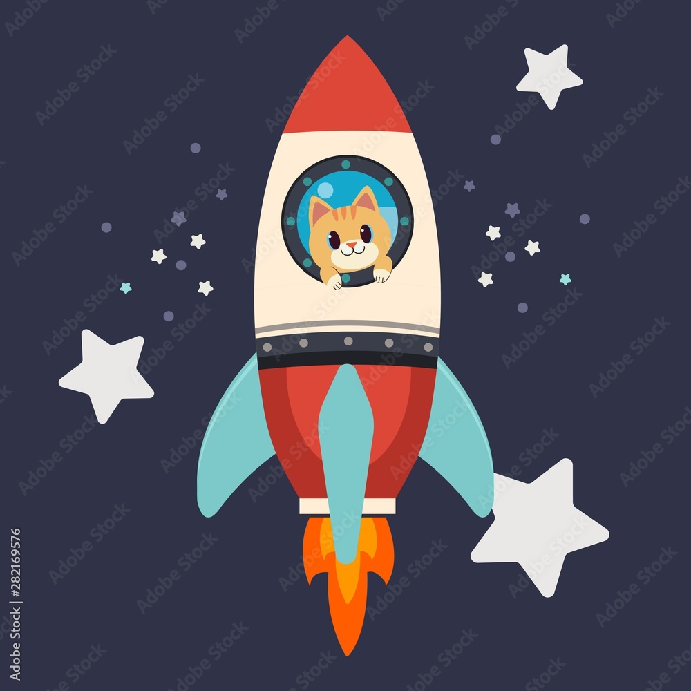 The character of cute cat stay in the big rocketreach. The cat smiling and it look happy and exciting. the group of star in the dark background.  The character of cute cat in flat vector style