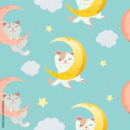 The seamless pattern for character of cute cat sitting on the moon. The cat sleeping and it smiling. The cat sleeping on the Crescent moon and cloud.The character of cute cat in flat vector style