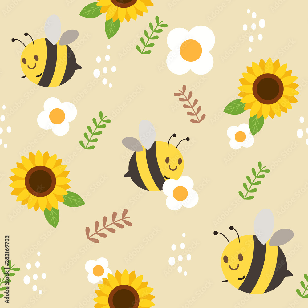 The seamless pattern of bee and sunflower and white flower and the leaf.  The character cartoon of cute bee in the yellow background. The cute bee in  flat vector. Stock Vector |