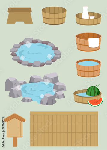 The collection of a japanese hot spring bath set. the onsenan bath outdoor. watermelon in the barrel. the japanese hot spring bath in cute flat vector style.