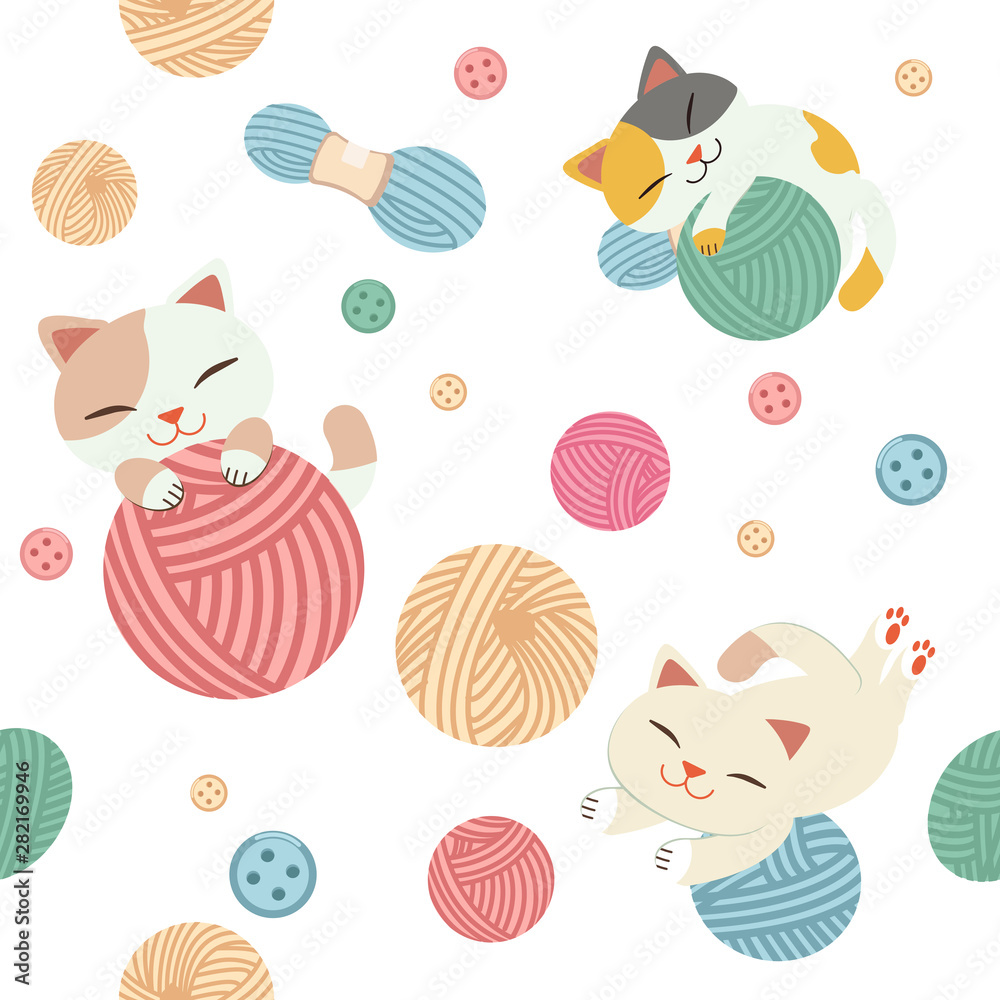 The seamless pattern of cute cat play with a yarn. The character cute cat play with a yarn. The pattern of yarn and button. cat is happy. Tha character of cute cat in flat vector style The seamless pattern of cute cat play with a yarn. The character cute cat play with a yarn. The pattern of yarn and button. cat is happy. Tha character of cute cat in flat vector style