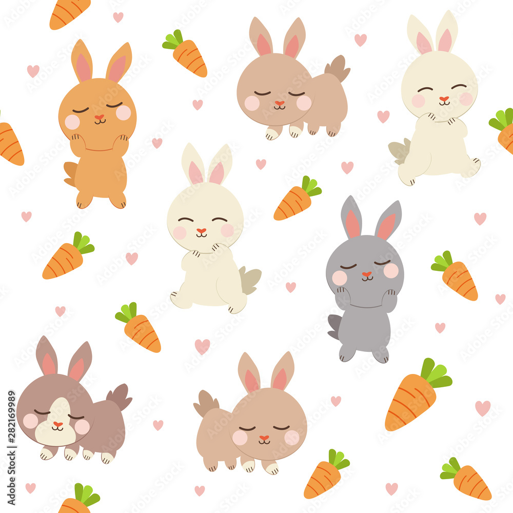 The seamless of cute rabbit and carrot in the background. The cute rabbit playing with corrot. The cute bunny in flat vector style. can use it for grahpic and wallpaper.