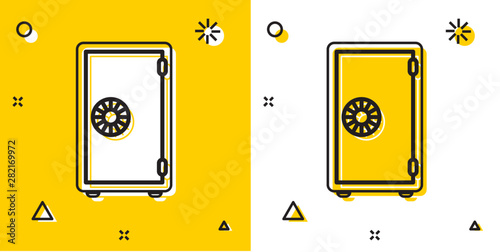Black Safe icon isolated on yellow and white background. The door safe a bank vault with a combination lock. Reliable Data Protection. Random dynamic shapes. Vector Illustration