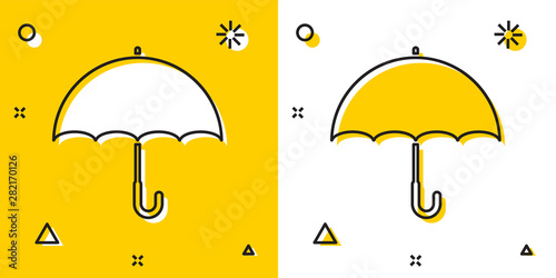 Black Umbrella icon isolated on yellow and white background. Random dynamic shapes. Vector Illustration