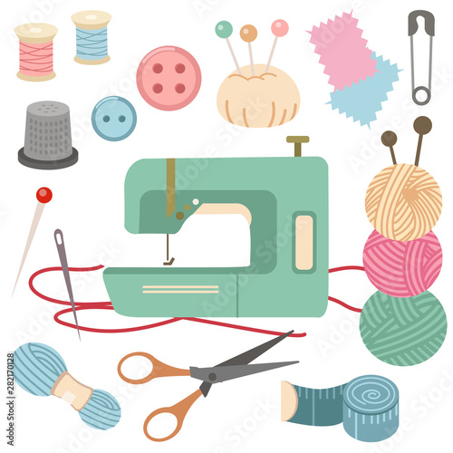 The collection of sewing kit set. The sewing kit set have yearn and needle and buttons and scissor and paperClip and thread. The set  sewing kit .