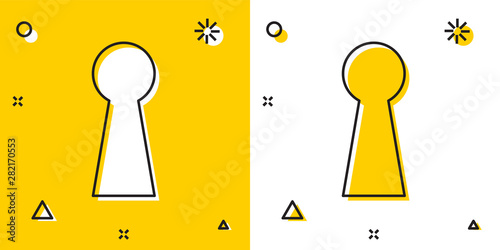 Black Keyhole icon isolated on yellow and white background. Key of success solution. Keyhole express the concept of riddle, secret, safety, security. Random dynamic shapes. Vector Illustration