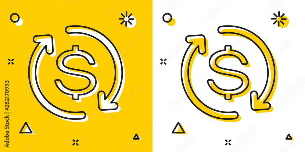 Black Return of investment icon isolated on yellow and white background.  Money convert icon. Refund sign. Dollar converter concept. Random dynamic  shapes. Vector Illustration Stock Vector | Adobe Stock