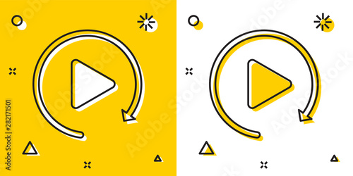 Black Video play button like simple replay icon isolated on yellow and white background. Random dynamic shapes. Vector Illustration