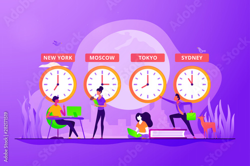 Worldwide business, international company branches. Clocks showing local timezone. Time zones, international time, world business time concept. Vector isolated concept creative illustration