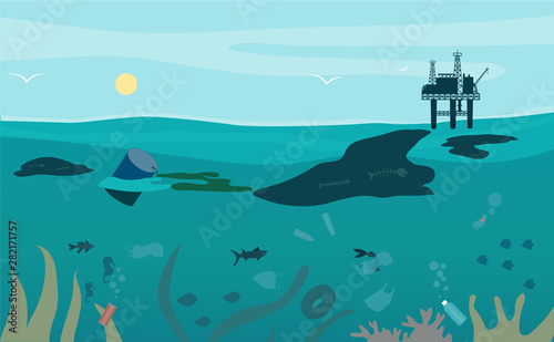 Oil waste pollution. Series of oil pollution in the ocean cartoon vector.