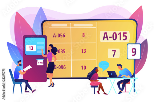 Waiting room with ticket system. Customer management method. Electronic queuing system, electronic queue management, take your ticket concept. Bright vibrant violet vector isolated illustration