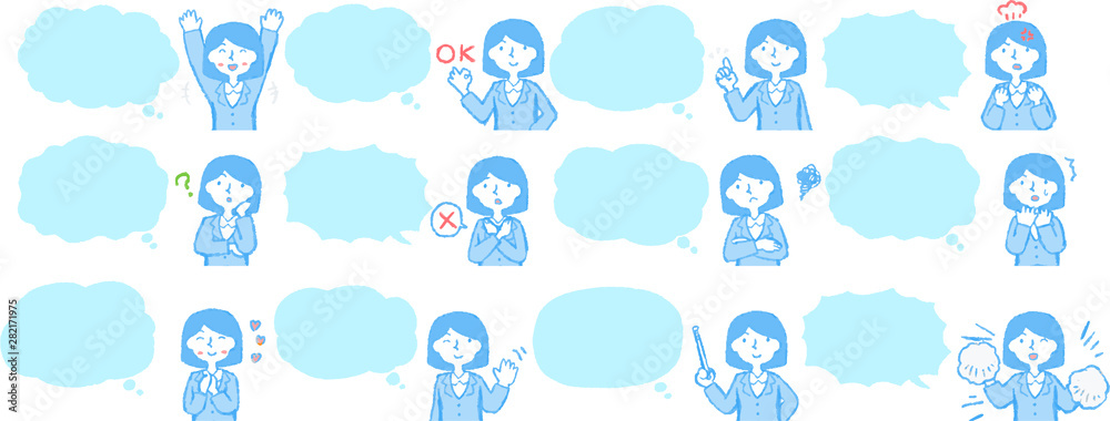 Upper body of Business woman face and pose with Speech Balloon set Upper body of Business woman face and pose with Speech Balloon set