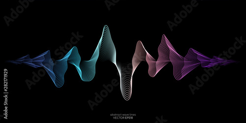 Abstract wave lines pattern dynamic colorful light flowing isolated on black background. Vector illustration design element in concept of music, party, technology, modern. photo