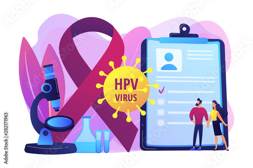 Human papillomavirus development. Disease symptom. Risk factors for HPV, HPV infection leads to cervical cancer, cervical cancer screening concept. Bright vibrant violet vector isolated illustration