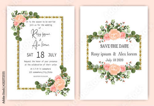 Wedding invitation card Floral hand drawn frame .Greenery Wedding Invitation ,Template Eucalyptus Wedding Invitation.
