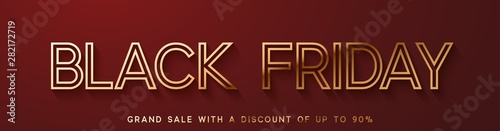 Black Friday Sale. Horizontal banner, poster, border for the website., logo golden color on red background.