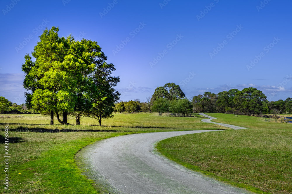 Gravel road passing through Australian countryside on bright sunny day