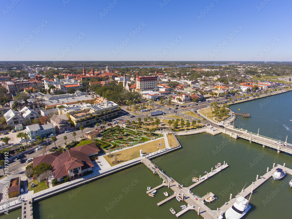 St. Augustine city aerial view including Plaza de la Constitucion, Cathedral Basilica of St. Augustine and Governor House, St. Augustine, Florida, USA.