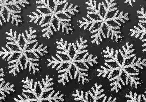 Background silver snowflakes strewn with bright sparkles. Winter festive pattern. Glitter white snowflakes texture. Christmas backdrop. Xmas decoration. vector illustration