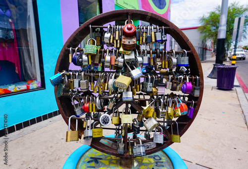 Love lock display on 4th Avenue near downtown Tucson, Arizona